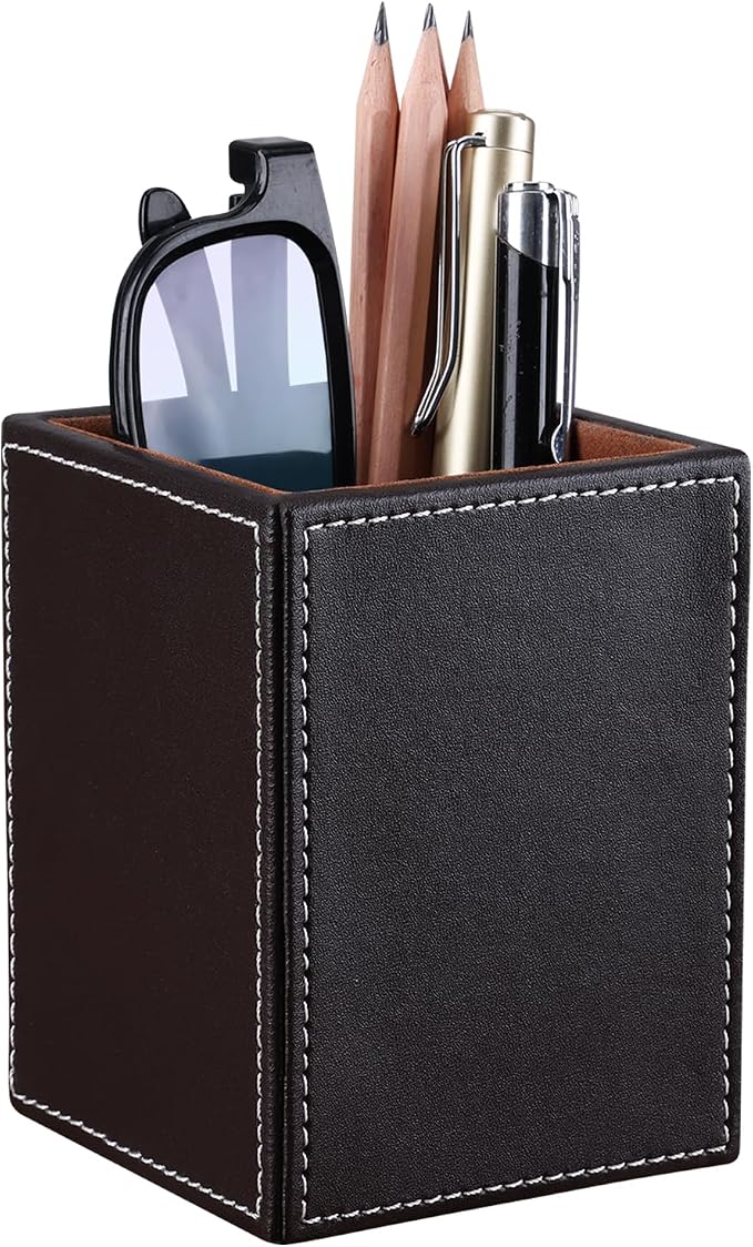 KINGFOM PU Leather Square Pens Pencils Holder Cup Desktop Stationery Organizer by KingfomLeatherHomeOfficeDecor