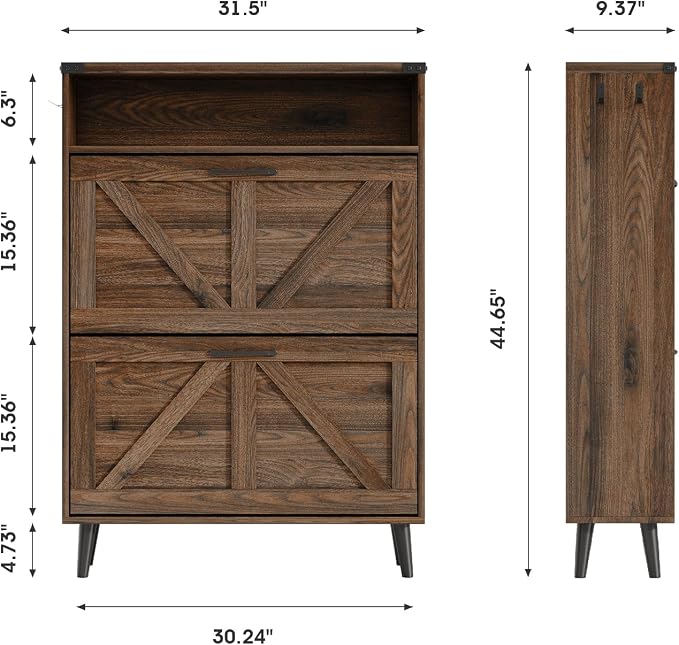 Shoe Cabinet with 2 Flip Drawers & Open Storage, Farmhouse Shoe Storage Cabinet - Image 2