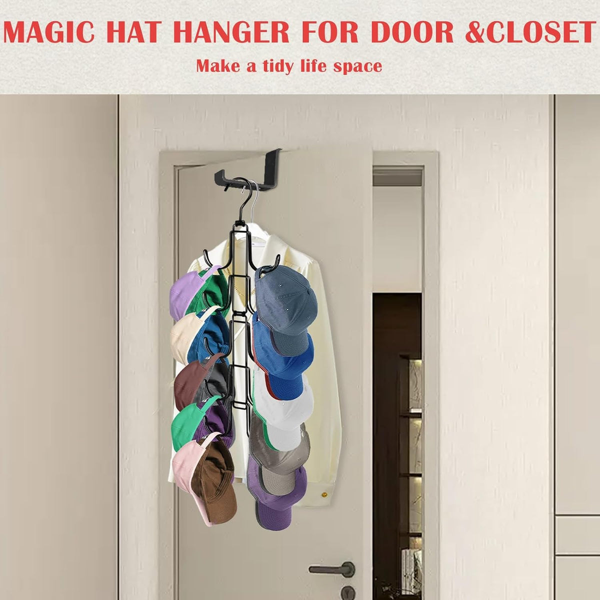 Hat Organizer for Closet: Collapsible Caps Rack with 10 Large Hooks