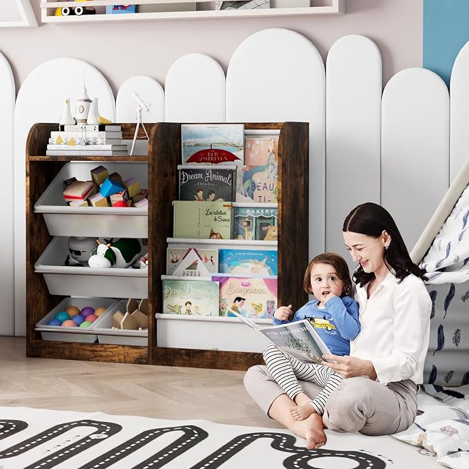 Rustic Kids Wood Bookshelf Toy Storage Box Organizer Shelf W/4 Removable - Image 8