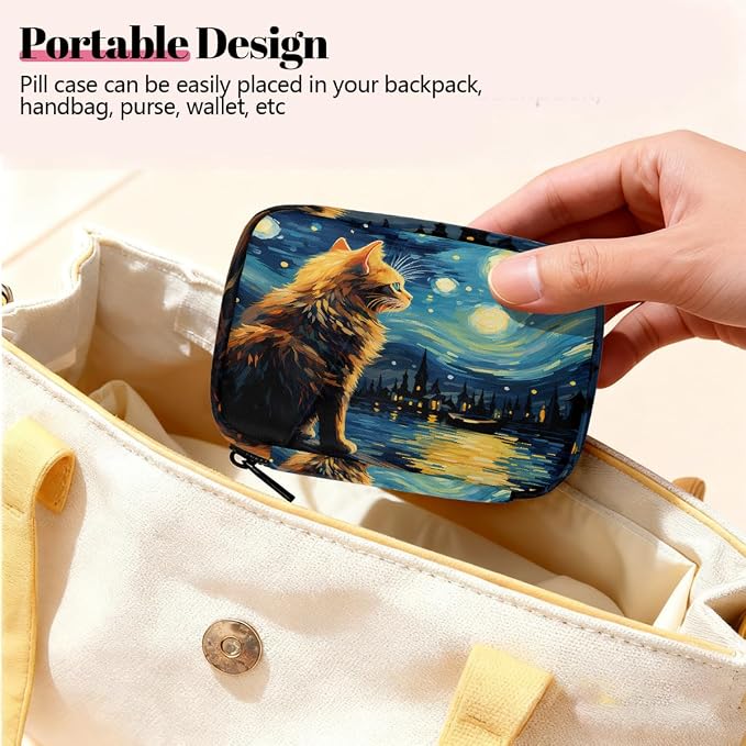 Oil Painting Starry Sky Cat Pill Organizer Travel Medicine Case - Image 6