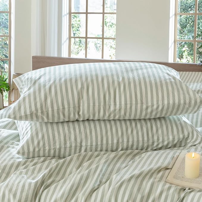 MooMee Bedding Pillowcases Striped Pack of 2 100% Washed Cotton Linen Like by MOOMEE