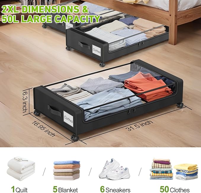 Under Bed Storage with Wheels, Under Bed Shoe Storage Organizer, Rolling Under - Image 2