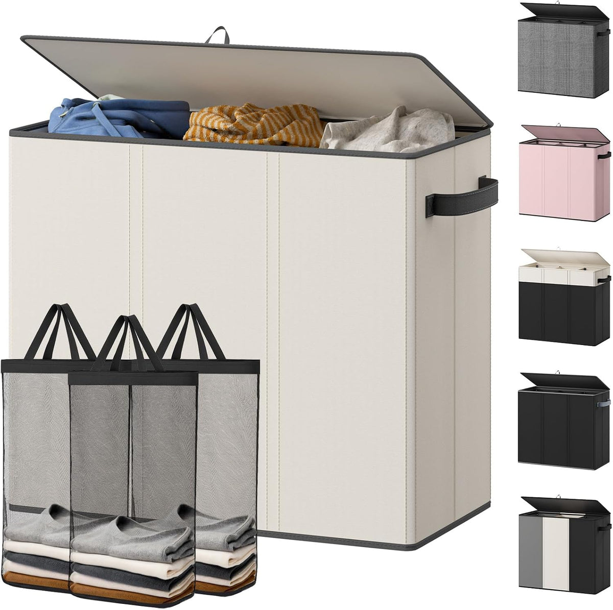 Optish 180L Laundry Hamper 3 Section, Large Hamper with Mesh Bags &