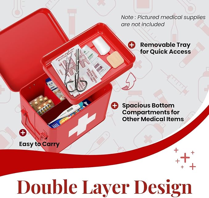 Flexzion First Aid Box Organizer, Empty 8.5 Inch Red Vintage First Aid Kit Tin - Image 5