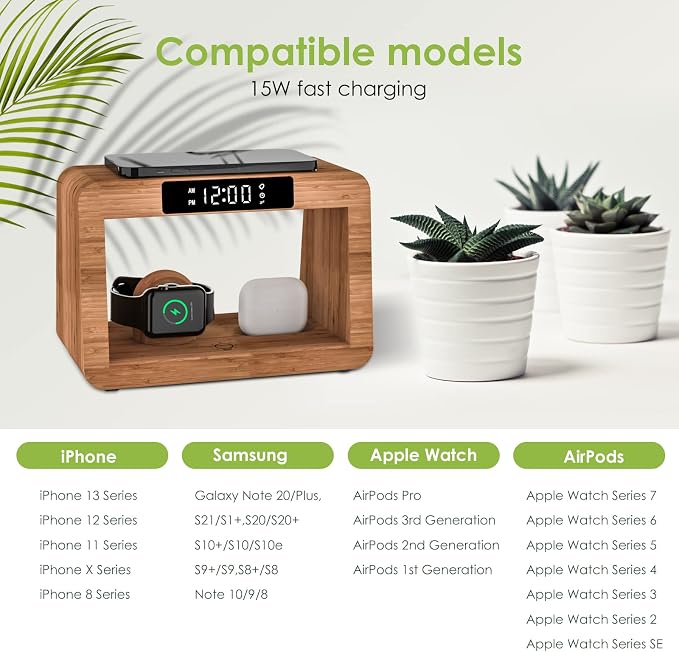 Bamboo Wireless Charging Station, Night Light - Image 3