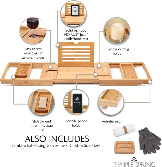 Temple Spring Wooden Bathtub Tray, Bamboo Bathroom Accessories, Bath Tray - Image 2