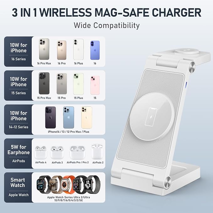 Magnetic Wireless Charger Stand, 3 in 1 Foldable Wireless Charging Station - Image 5