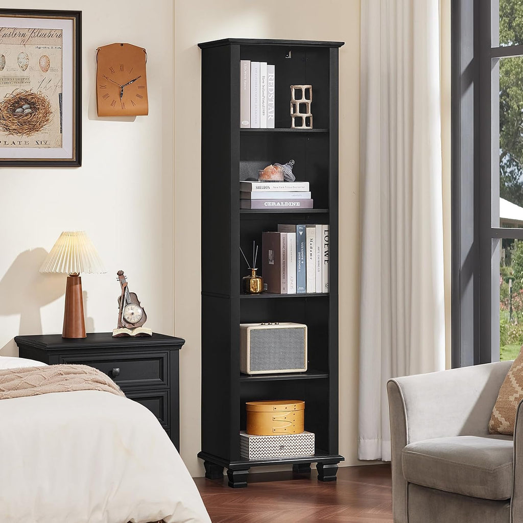Narrow Black Book Shelf, 70" Tall Skinny Bookshelf with Adjustable