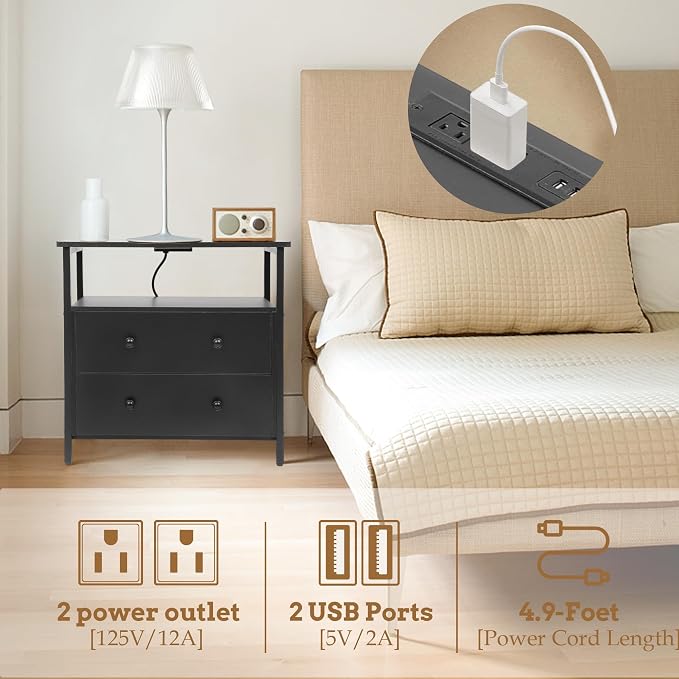 27 inch Wide Night Stand with Charging Station, Bedside Table with Open Shelf - Image 5