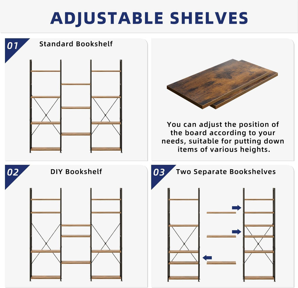 NUMENN Triple Column 4 Tier Bookshelf with 11 Adjustable Shelves