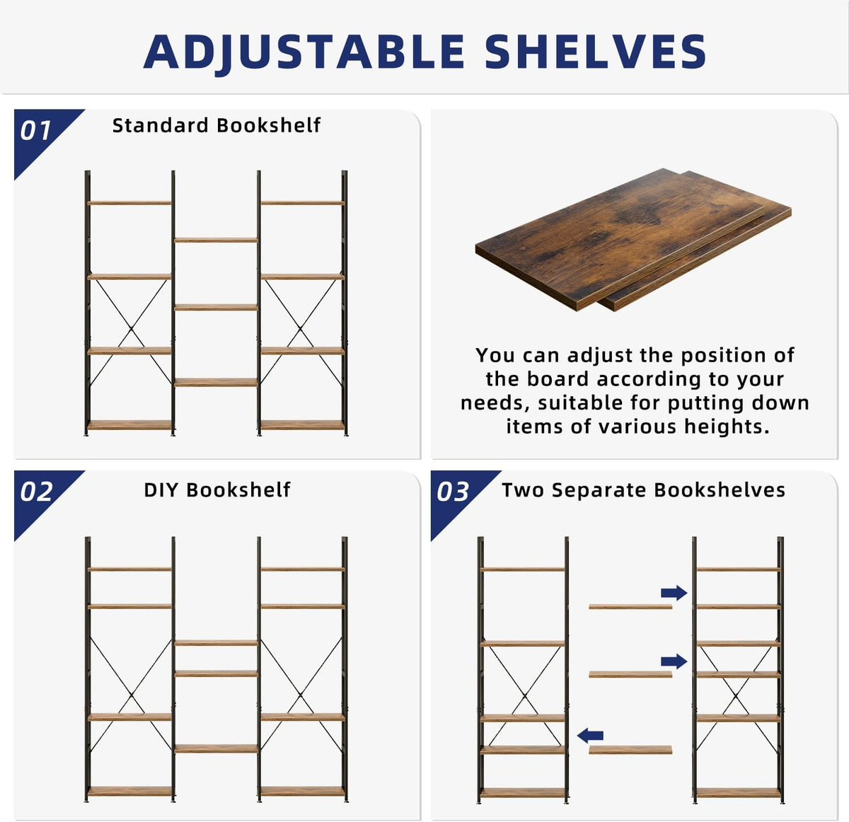 NUMENN Triple Column 4 Tier Bookshelf with 11 Adjustable Shelves