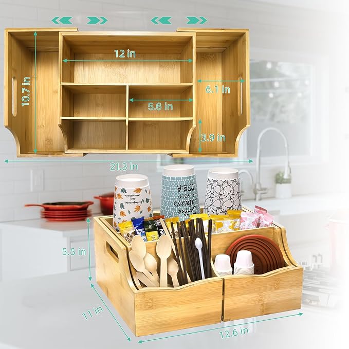 Coffee Station Organizer for Countertop, Bamboo Coffee Bar Condiment Organizer - Image 2