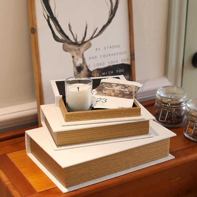Modern Linen and Wood Decorative Faux Book Boxes Set of 3-13" - Image 7