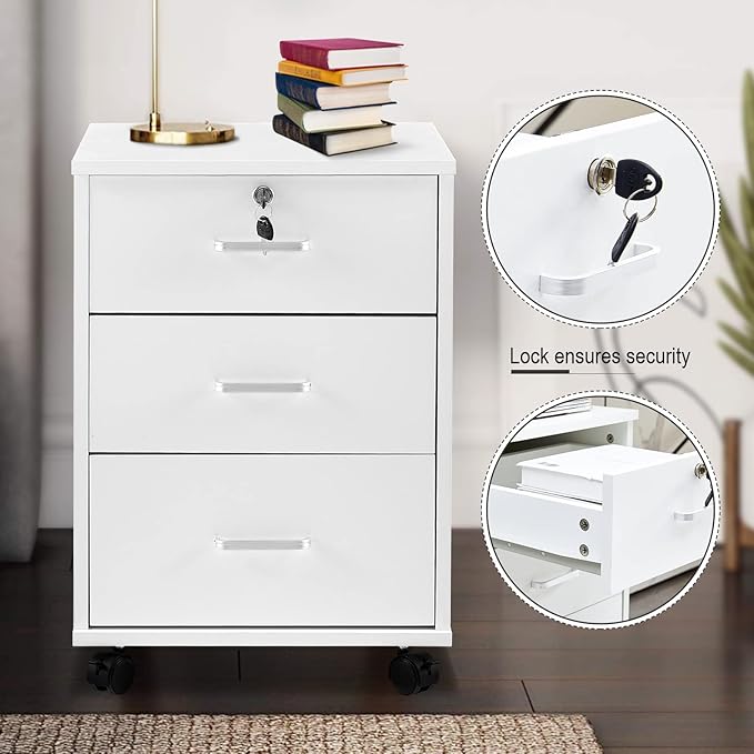 File Cabinet with Lock 3 Drawer Mobile Filing Cabinet with 360° Swivel Wheels - Image 4