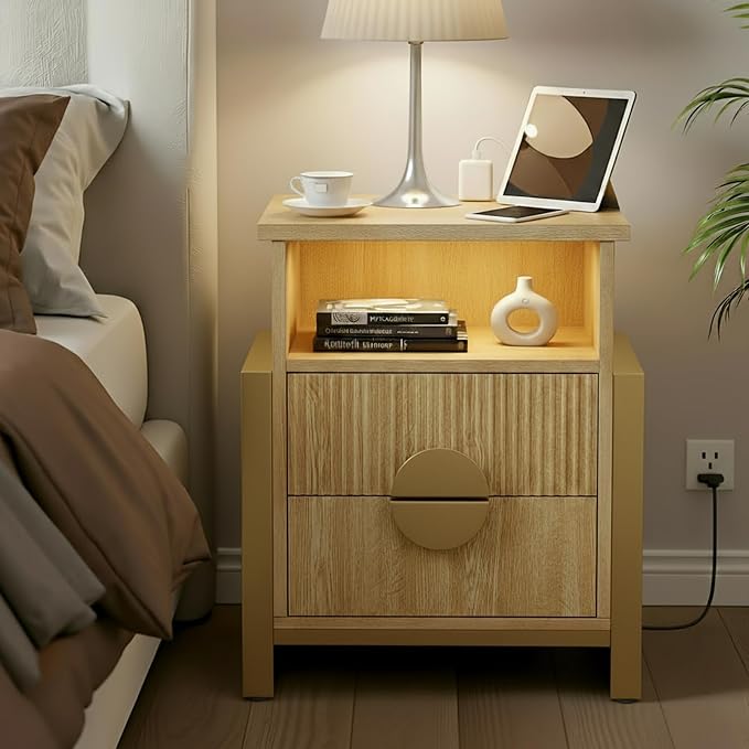 Fluted Nightstand with Charger Station Strip Lights, Large Accent Bed Side - Image 2