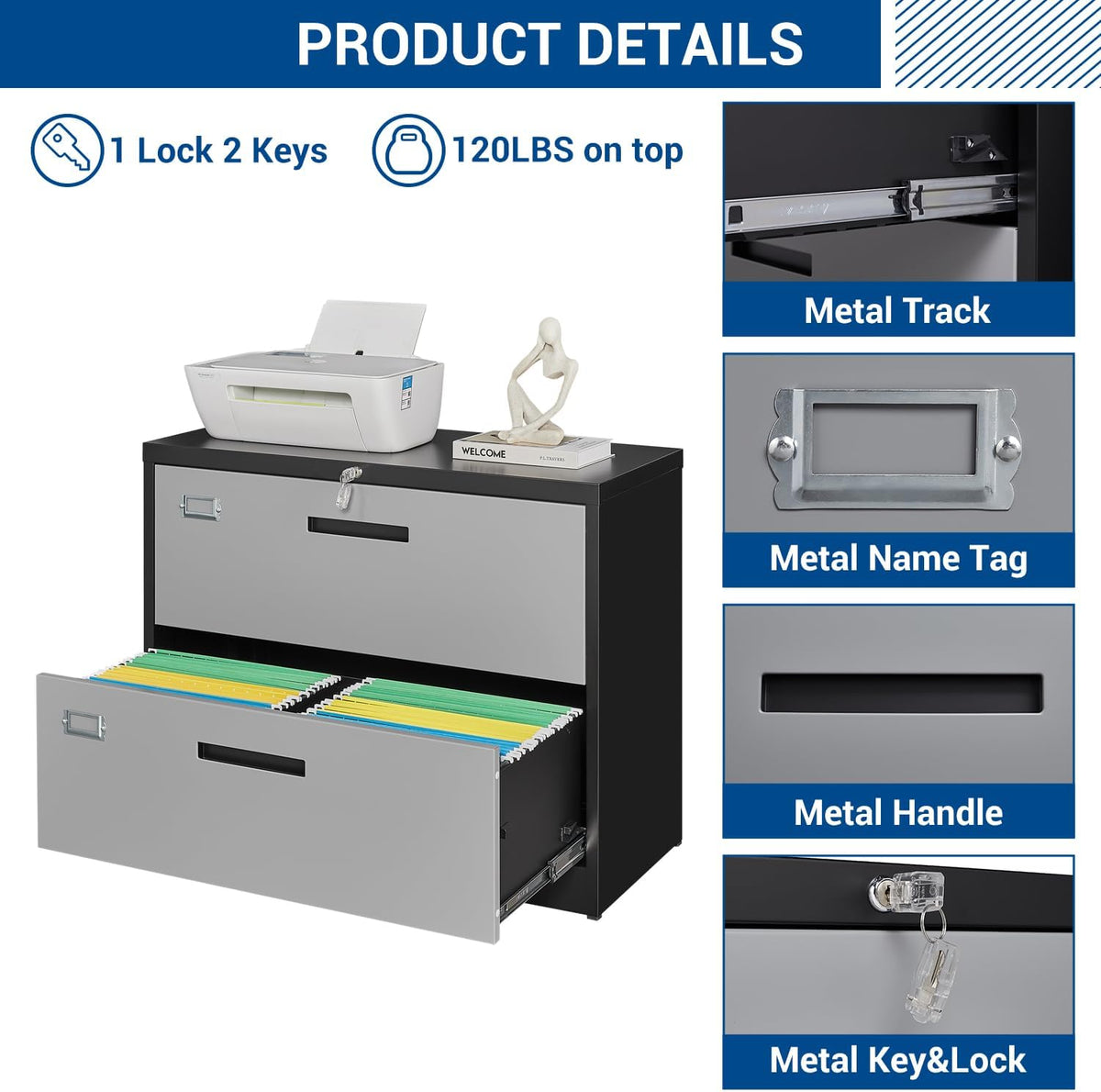 2 Drawer Lateral File Cabinet with Lock, Metal Steel Filling Cabinets