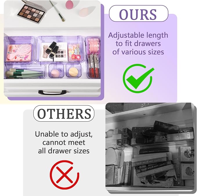 14 Pcs Adjustable Clear Drawer Organizer, Extendable Vanity Storage Bins - Image 3