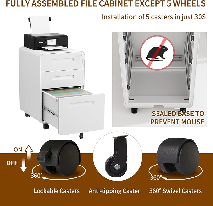 3 Drawer File Cabinet with Lock and 4 Keys, Mobile Metal Filing Cabinet - Image 9