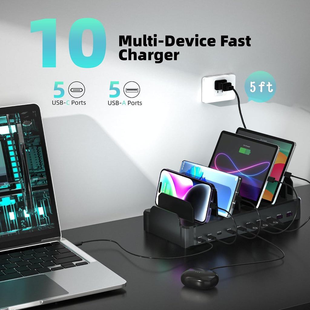420W 10-Port Fast USB Charging Station for Multiple Devices, Black