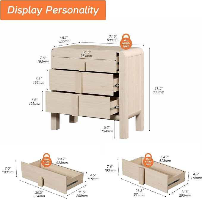 WAMPAT 3 Drawer Dresser for Bedroom, 31.5" Wide Mid Century Modern Wide Chest - Image 2