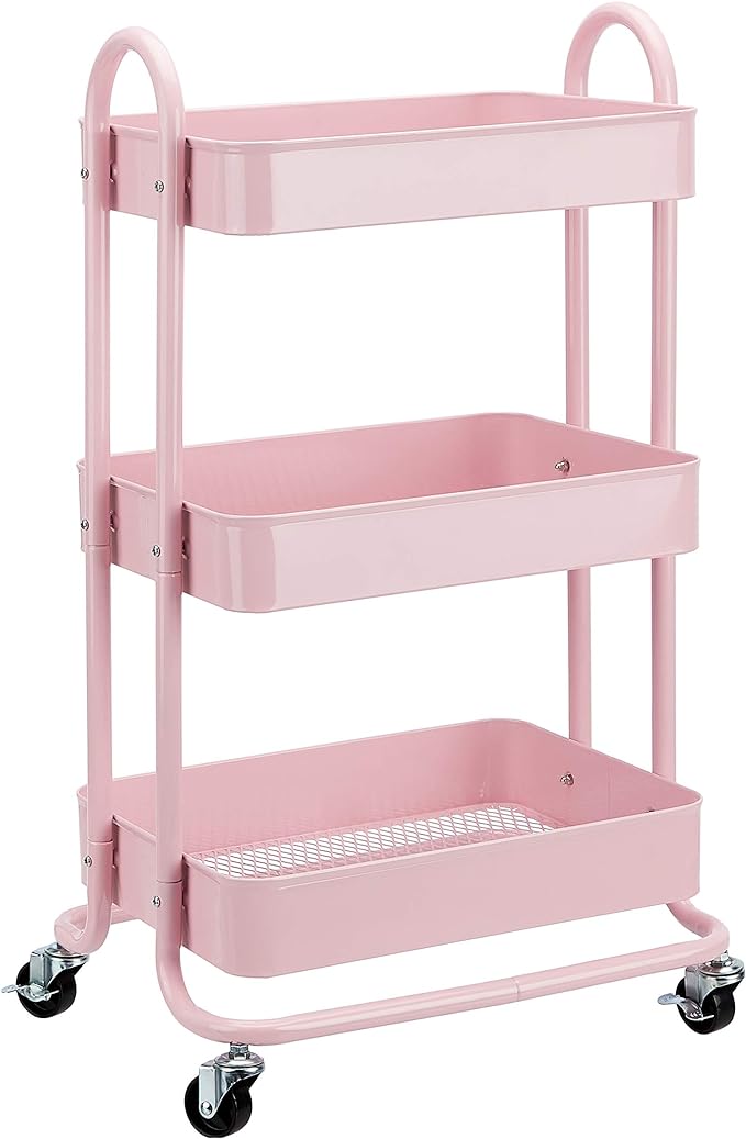 Amazon Basics 3-Tier Rolling Utility or Kitchen Cart, Lockable Wheels, Dusty by AmazonBasics