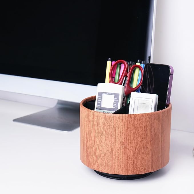 Round Leather Art Supply Organizer, Remote Control Holder, 360 Degree Spinning - Image 7