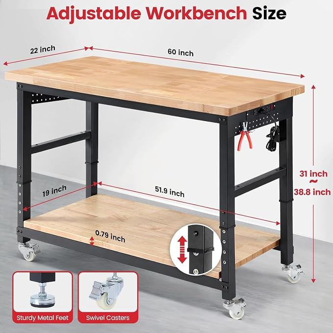 Work Bench with Double Layers 60 x 22 Inch Heavy Duty Rubberwood Tabletop Work - Image 7