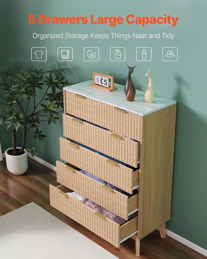 VEVOR 5 Drawer 48" Tall Fluted Bedroom Dresser, Modern Chest of Drawers - Image 5