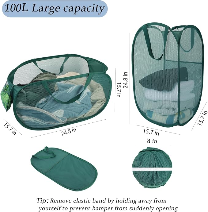 Upgraded Extra Large Mesh Pop Up Laundry Hamper 2 Pack, 100L Foldable Laundry - Image 2