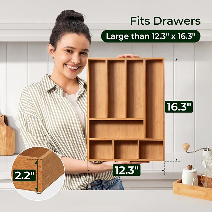 Carbonized Bamboo Kitchen Drawer Organizer, 8 Slots Silverware Organizer - Image 2