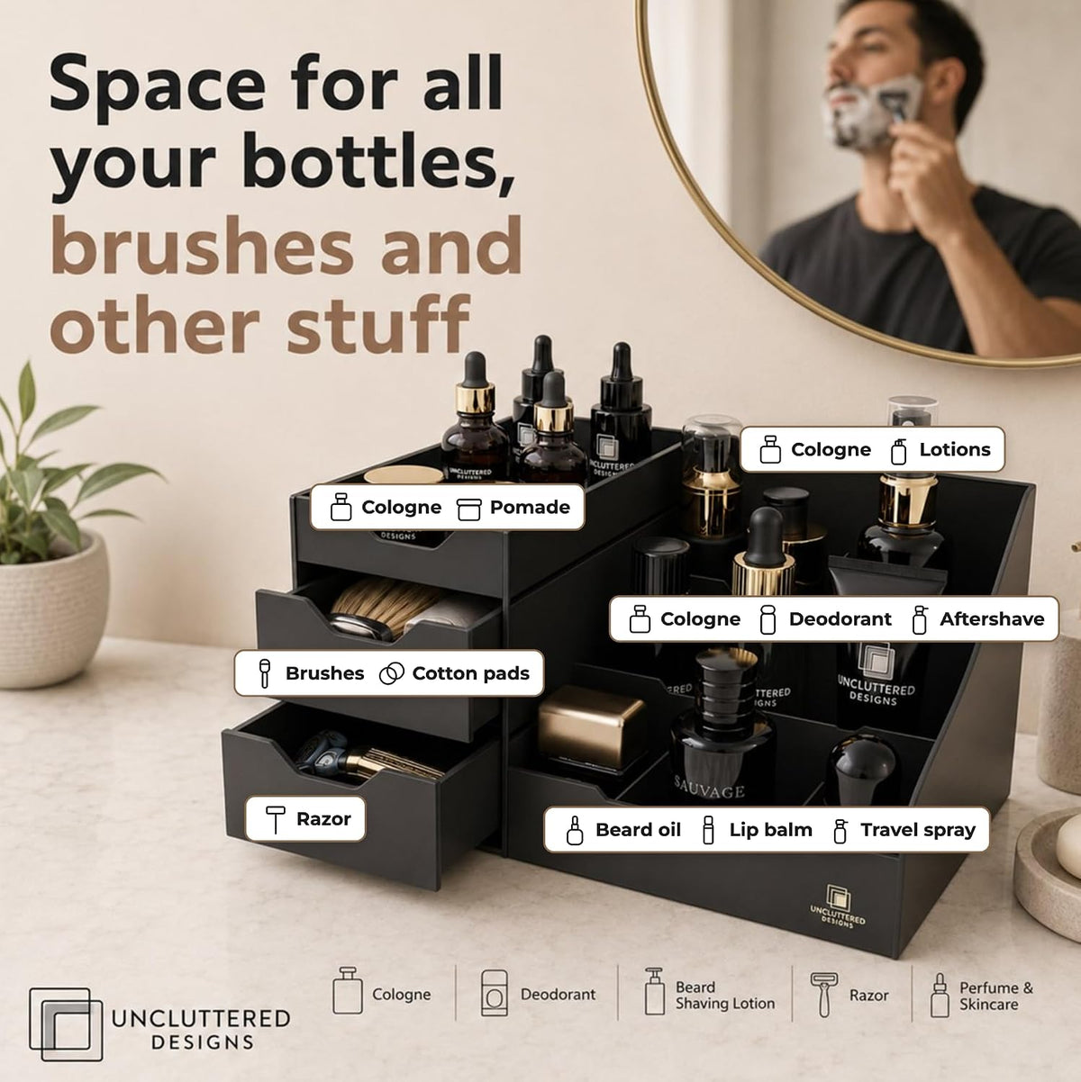 Bathroom Counter Organizer for Men, Black Cologne Organizer with