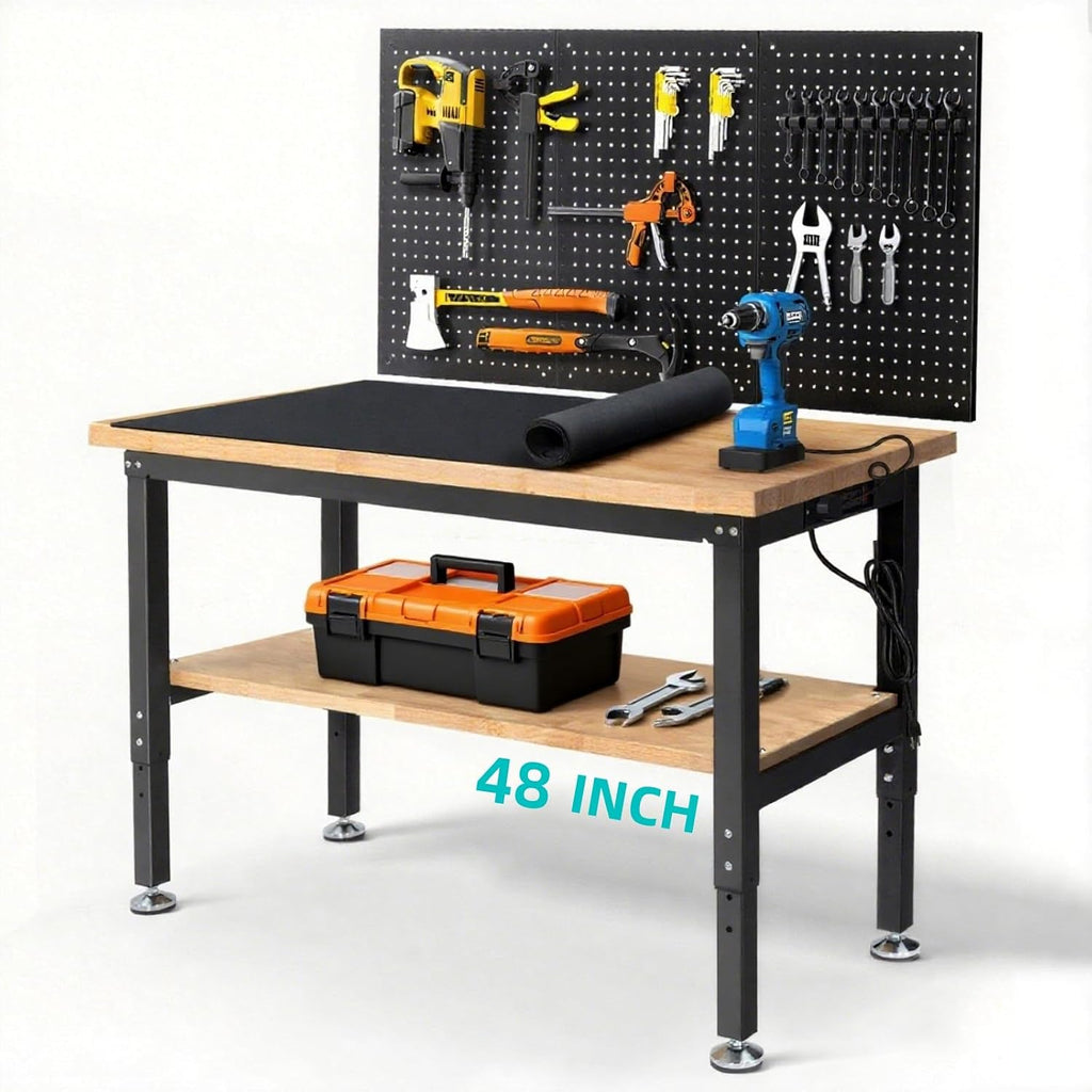 48" Adjustable Workbench with Storage Shelf,Pegboard&Power Outlet