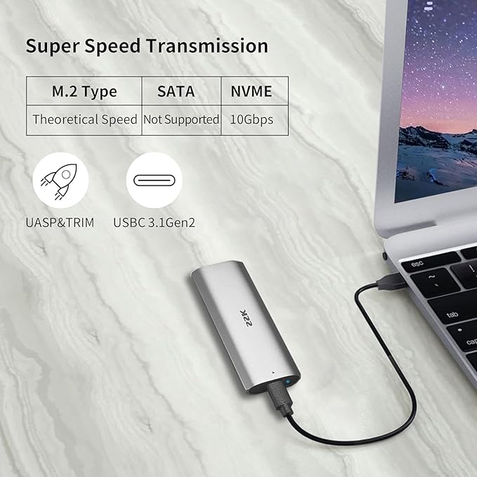 SSK M.2 NVMe Enclosure, Tool-Free SSD Enclosure Adapter, USB C 3.2 Gen 2 10Gbps - Image 2