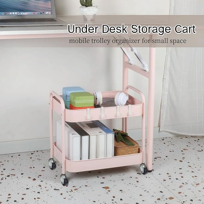 2 Tier Rolling Cart Metal with Wheels Under Desk Storage Cart - Image 2