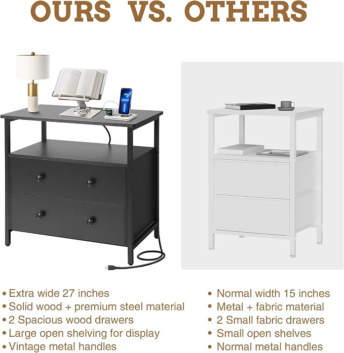 27 inch Wide Night Stand with Charging Station, Bedside Table with Open Shelf - Image 7