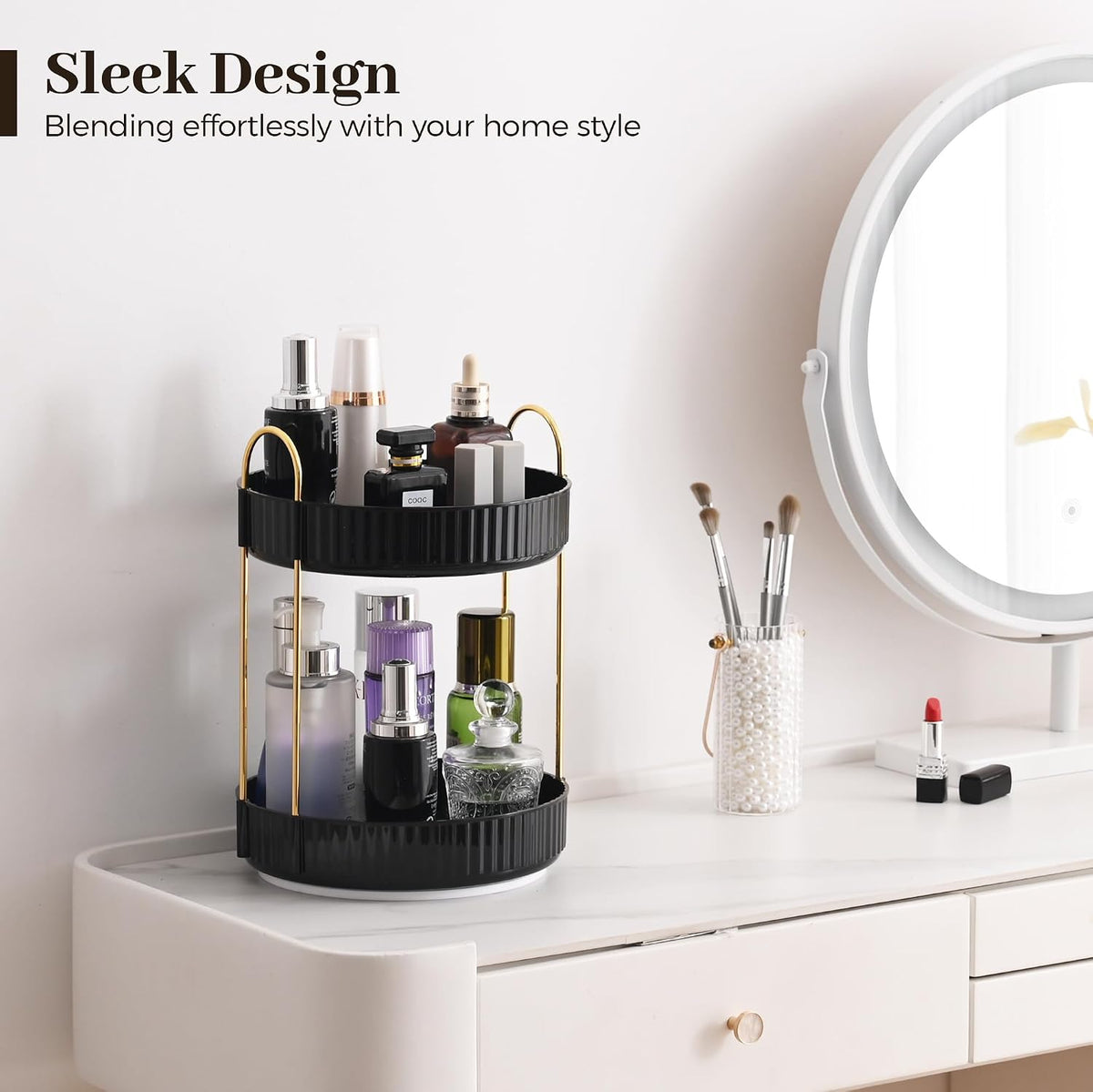 Aveniee Rotating Makeup Organizer, 2-Tier Black Vanity Storage