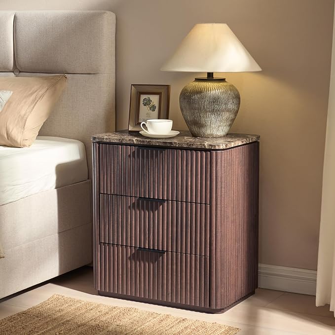 Fluted Nightstand with 3 Drawers, Engineered Wood Bedside Table with Faux - Image 6
