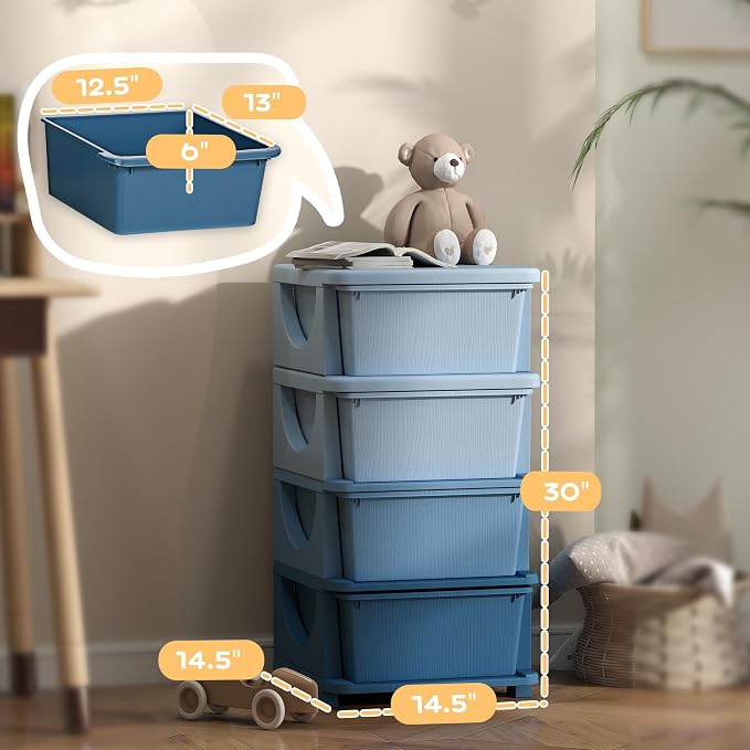 Qaba 4 Tier Kids Storage Unit, 4 Drawer Chest Toy Organizer Plastic Bins - Image 3