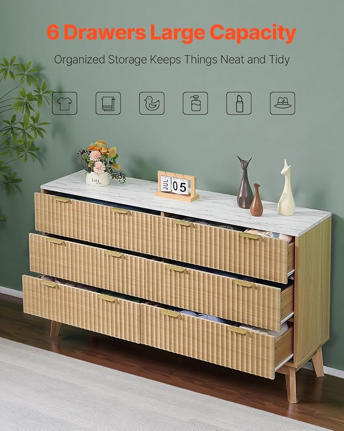 VEVOR Fluted 6 Drawer Dresser, Modern Dresser TV Stand, Wooden Closet Clothes - Image 5