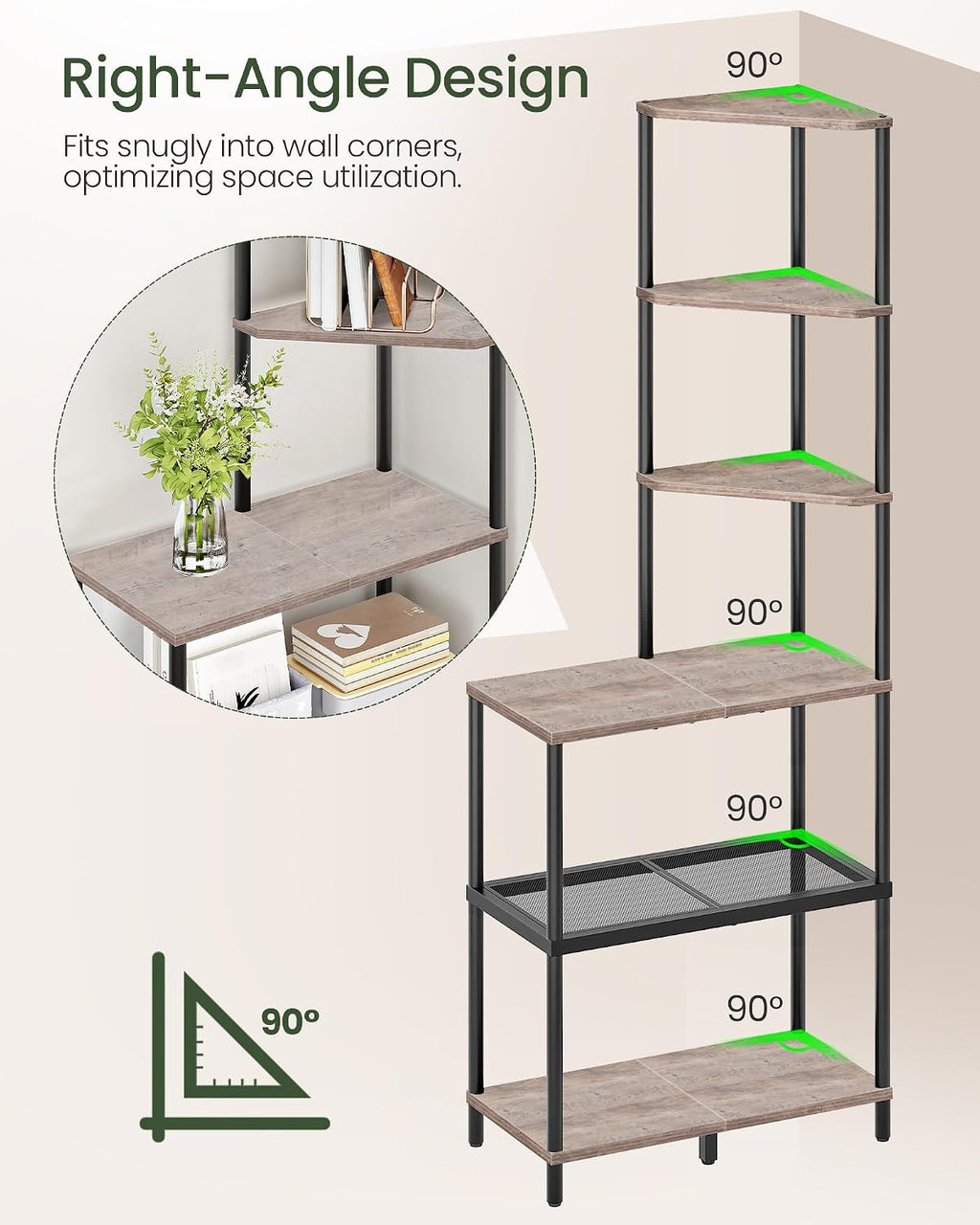 6-Tier Corner Shelf, Industrial Corner Bookshelf with Desk Top