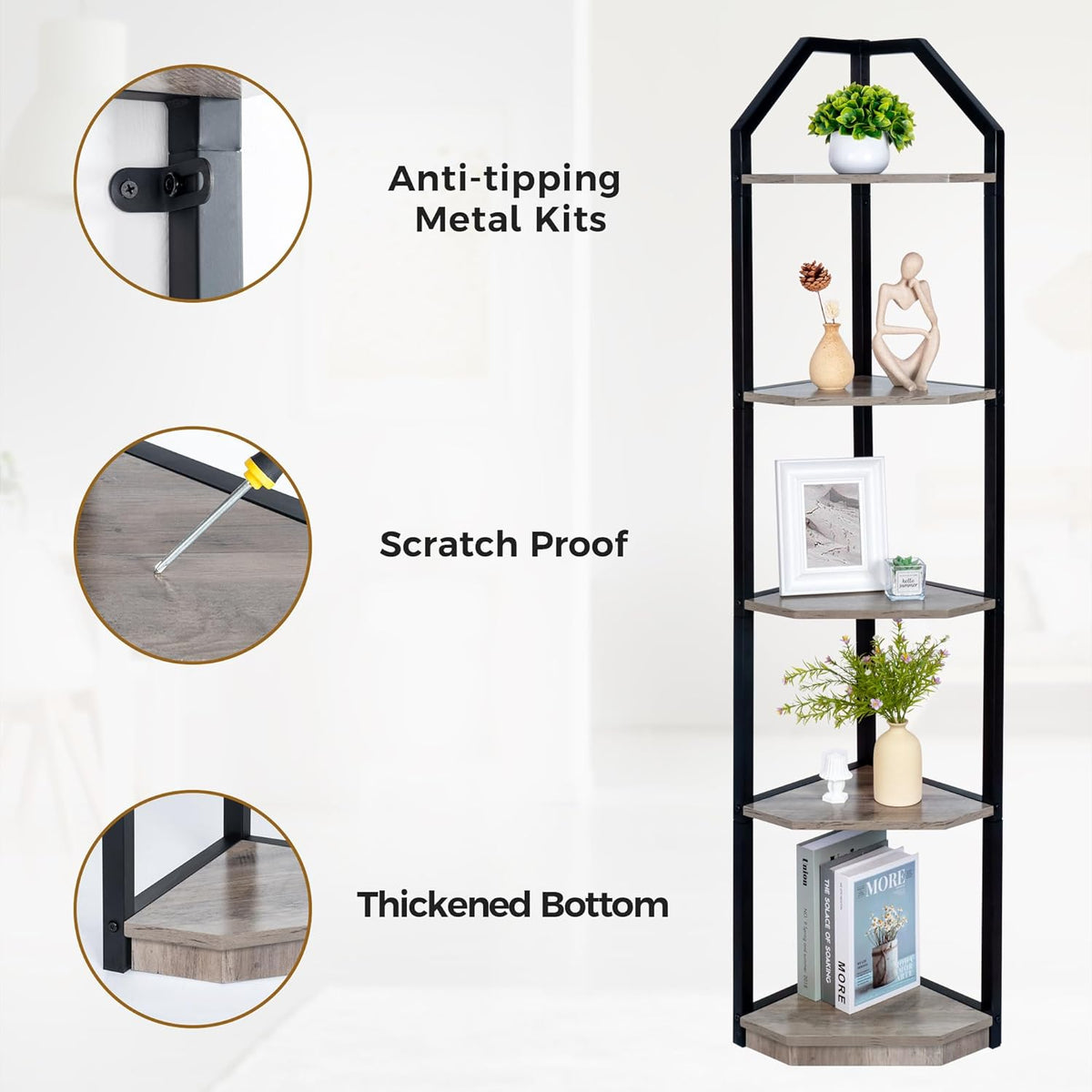 5 Tier Corner Shelf, 70” Corner Shelf Stand, Corner Bookshelf Plant
