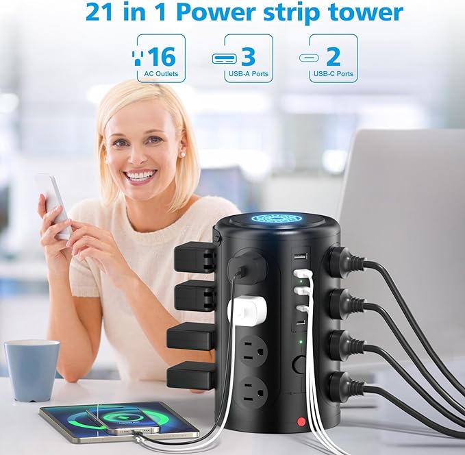 Tower Power Strip with 15W Wireless Charger, 15FT Extension Cord with Multiple - Image 4