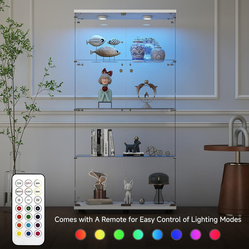 Zevemomo 4-Tier Glass Display Cabinet with Lights, Double Door, White