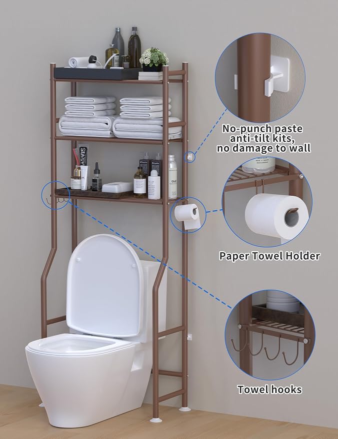 3-Tier Over The Toilet Storage, Freestanding Metal Bathroom Shelves - Image 4