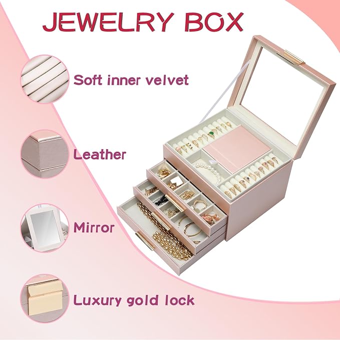 BOOVO Clear Lid Jewelry Box, 3 Layers Jewelry Organizer Large Jewelry Storage - Image 4