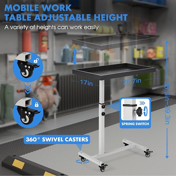 Adjustable Work Table with Wheels, Mechanic Rolling Tool Tray Table - Image 3