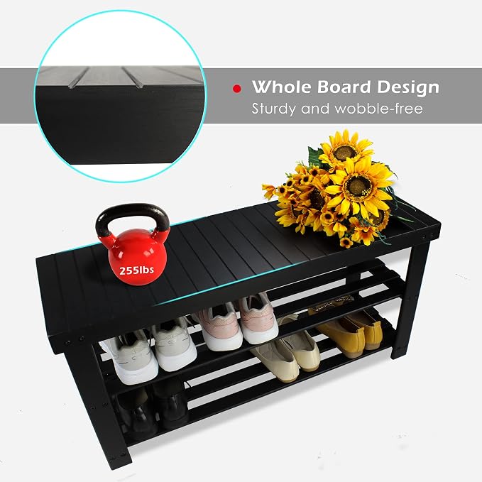 SMIBUY Bamboo Shoe Rack Bench, 3-Tier Shoe Organizer Storage Shelf - Image 7