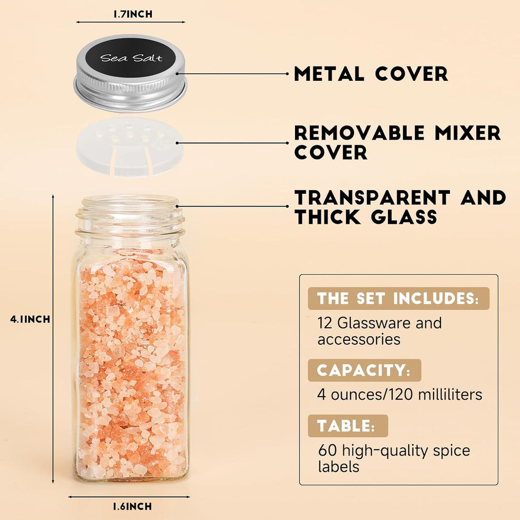 24Pcs Spice Jars with Label, 4oz Empty Square Seasoning Containers