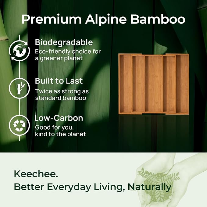 Carbonized Bamboo Kitchen Drawer Organizer, 5 Slots Expandable Silverware - Image 6